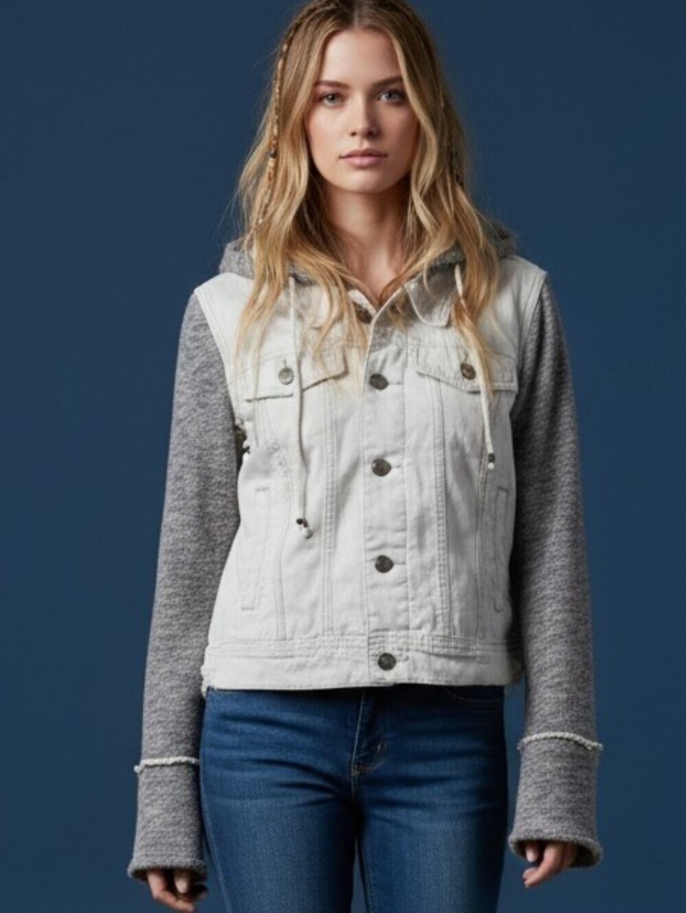 Free People Hooded Denim Jacket with Knit Sleeves In White Gray Sz Small